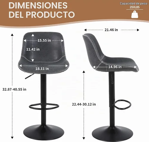 Vista 3 de Juego de 2 taburetes de bar, taburetes de bar giratorios de altura de mostrador con respaldo, sillas de bar ajustables, taburete alto sin brazos