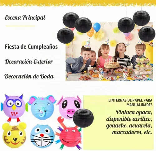 Vista 4 de 6 linternas de papel decorativas redondas colgantes Negro