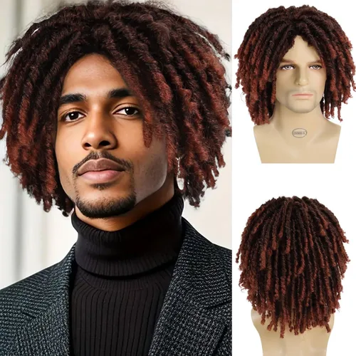 Vista 11 de GNIMEGIL - Pelucas cortas trenzadas para hombre Afro Bob, cabello negro trenzado en crochet, diadema con rastas, fibra sintética natural, capas