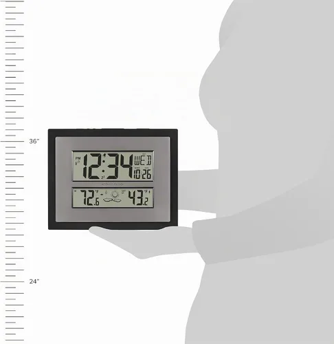 Vista 6 de La Crosse Technology 512-85937-INT Reloj de pared digital atómico con temperatura y pronóstico en gris/plateado Color: Black/Gray, Forecast