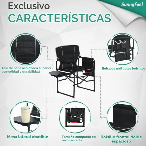 Vista 6 de SUNNYFEEL Silla de Camping para Directores, Silla Plegable Portátil de Gran Tamaño, Resistente, con Mesa Lateral y Bolsillo para Playa, Pesca