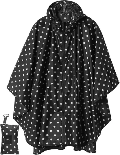 Vista 9 de SaphiRose - Poncho de lluvia unisex impermeable con capucha para mujeres adultas con bolsillos A-negro-blanco