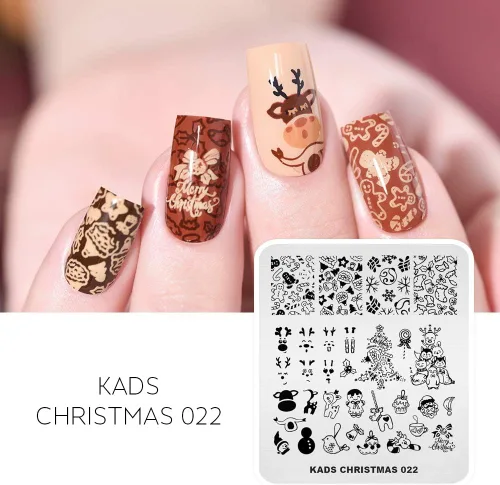 Vista 2 de KADS Plantilla de sello de uñas Placa de uñas Copos de nieve de Navidad y oso y alce y caramelo y campana (CH022)