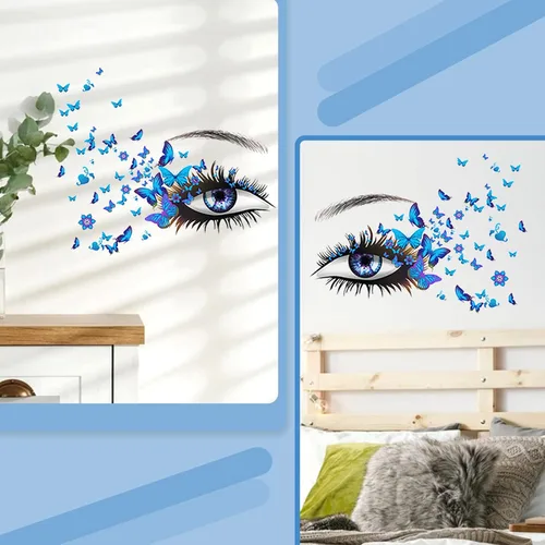Vista 5 de Calcomanías de pared azules con ojos de pestañas, 4 hojas, vinilo mate premium, calcomanías de mariposa, impermeables, para mujeres y niñas