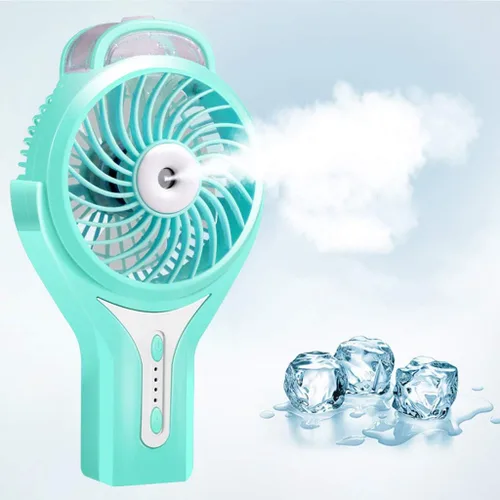Vista 7 de Ventilador de nebulización de agua portátil de mano para viajes, funciona con batería recargable o alimentado por USB, humidificador y ventilador