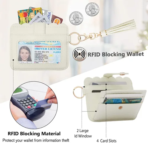 Vista 3 de Lostars Llavero tipo cartera para mujer, tarjetero RFID con llavero, llavero de bolsillo para tarjetas de borla para mujer