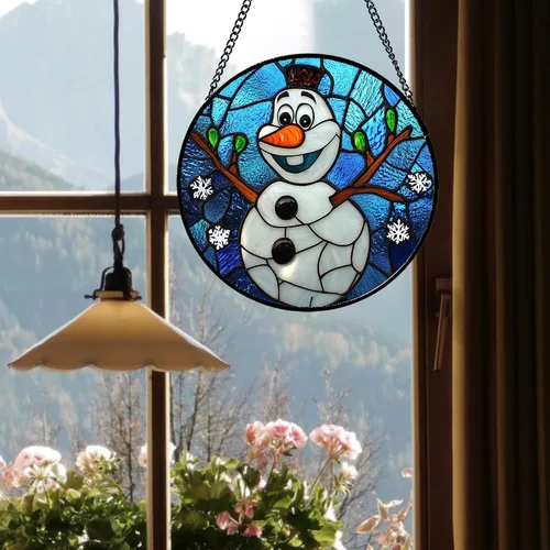 Vista 5 de Colgante de Vidrio Emplomado para Ventana Navidad Muñeco de Nieve Divertido 6.3" - Atrapasol Puerta Jardín Azul Blanco Copos de Nieve Atrapasol Año
