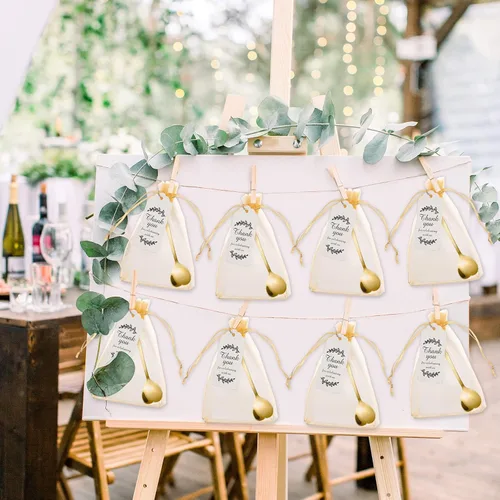 Vista 7 de Meanplan Juego de 50 cucharas de corazón doradas para fiestas, cucharas de café de acero inoxidable con bolsas de organza, tarjetas