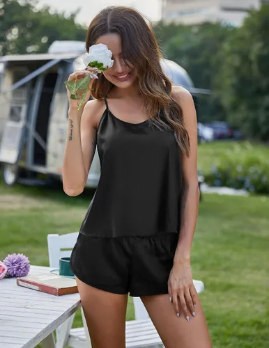 Vista 3 de Ekouaer Conjunto de pijama sexy para mujer ropa de dormir de satén 2 piezas pijama de seda camiseta y pantalones cortos camisola para dormir regalo