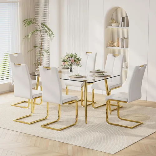 Vista 8 de Juego de mesa de comedor moderno de 51 pulgadas para 4 mesas rectangulares de cristal con 4 sillas tapizadas de cuero, asientos 4 ideales para Beige