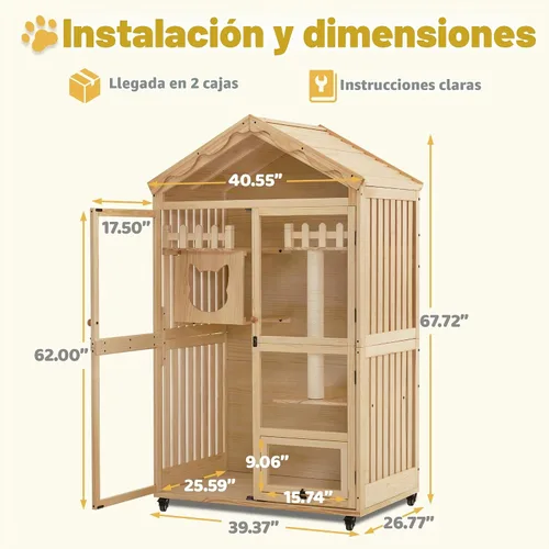 Vista 3 de MCombo Casa de madera para gatos de interior, condominio para gatos con entrada, jaula de gatito Catio con puertas y ruedas bloqueables, CT291