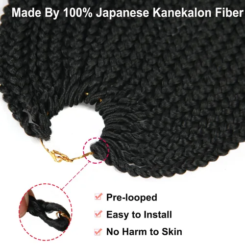 Vista 3 de Trenzas de ganchillo para mujer, 144 raíces/paquete, trenza negra con extremos rizados, trenzas de caja de 14 pulgadas, 24 mechones por pieza
