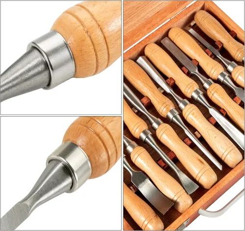 Vista 5 de VEVOR Juego de cinceles de madera, 12 piezas, cincel de mano tallado de 3-3/4 pulgadas de longitud de hoja con mango de eucalipto rojo, caja