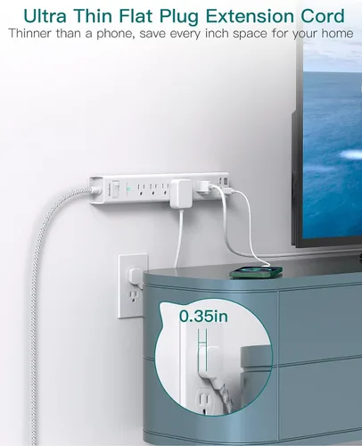 Vista 4 de Regleta protectora contra sobretensiones con USB C, cable de extensión de enchufe plano con 6 salidas de CA, 4 USB (2 USB C), montaje en pared, 5