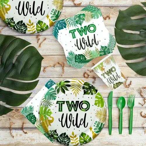 Vista 5 de Dos decoraciones de cumpleaños salvajes, artículos para fiestas temáticas de selva de safari incluyen pancarta, telón de fondo, platos, vasos
