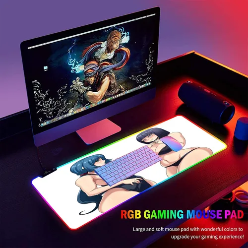 Vista 6 de Juego Mause Pad RGB Anime Girl Sexy Mouse Pad Pc Gamer Gaming Accesorios LED XXL Teclados Pad Tapete de mesa 39.37 pulgadas x 19.68 pulgadas