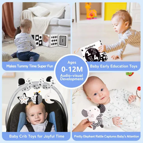 Vista 6 de Juguetes sensoriales para bebés de alto contraste para recién nacidos, en blanco y negro, para desarrollo cerebral de 0 a 6 a 12 meses, juguetes