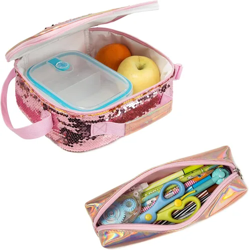 Vista 11 de Mochila para niñas de 16 pulgadas, mochilas para niñas para la escuela, mochila de lentejuelas con lonchera para estudiantes de primaria