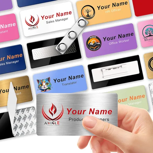 Vista 9 de Etiquetas de nombre magnéticas Insignias de identificación de metal grabadas personalizadas con pin o respaldo adhesivo Etiquetas