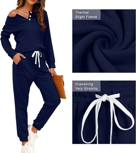 Vista 96 de Wiholl - Conjuntos de dos piezas para mujer: ropa cómoda con sudadera abotonada y pantalones deportivos con bolsillos