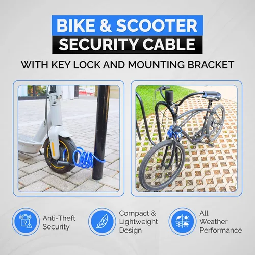 Vista 2 de DocksLocks Juego de candado de cable para bicicleta, cable de seguridad en espiral con cerradura de llave y soporte de montaje, protección antirrobo