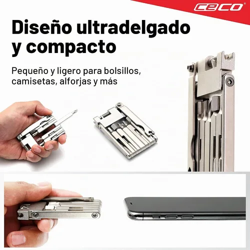 Vista 2 de CECO USA - Herramienta de bicicleta de 13 funciones con rompedor de cadena, multiherramienta para bicicleta, ultra delgada, tamaño de bolsillo