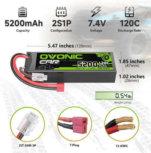 Vista 2 de OVONIC Batería LiPo 2S 7.4V 5200mAh 120C con enchufe T estilo Dean para RC Car RC Truck Avión Helicóptero Barco Carreras RC Hobby 2 paquetes