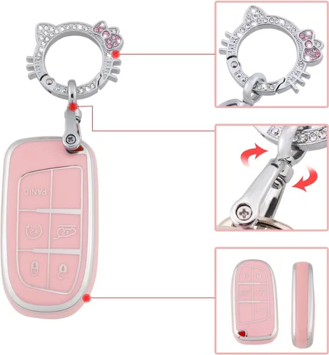 Vista 3 de Pangpai Funda para llavero rosa para Jeep, funda de protección de TPU suave con llavero brillante compatible con Jeep Grand Cherokee Renegade
