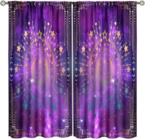 Vista 37 de Cortinas opacas con diseño de sol y luna, cuerpos celestes bohemios, con diseño de sol, luna y estrellas, para sala de estar, dormitorio, 42 x 45