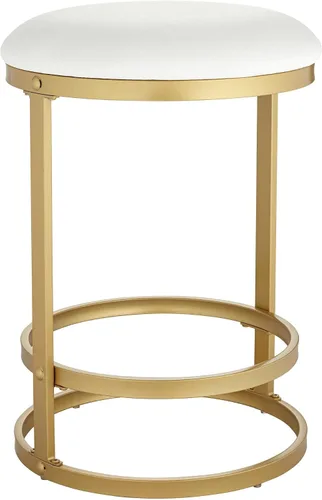 Vista 6 de 55 Downing Street Palmer Taburete de bar de metal dorado de 26 pulgadas de alto, cojín tapizado de tela blanca moderna con reposapiés para cocina