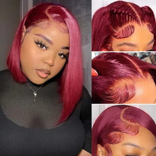 Vista 32 de Peluca Bob de pelo humano 13x4 encaje frontal HD estilo Bob corta y recta con parte lateral para mujeres negras, pelo humano prearrancado, sin De