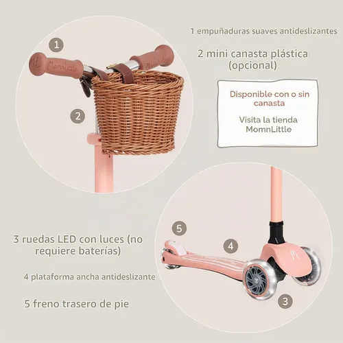 Vista 5 de MomnLittle Toddler Scooter for Kids Ages 3-10, 3-Wheel Foldable Kick Scooter, LED Light-Up Wheels, Lean-to-Steer Design, 4-Height Adjustable Beige