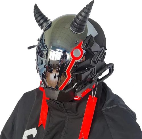Vista 4 de KYEDAY Máscara punk para hombres, máscara LED de cuerno de buey, tecnología punk futurista, cosplay, Halloween, fiesta, festival de música