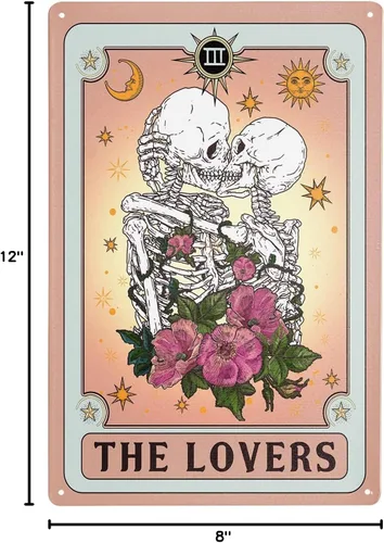 Vista 7 de Giwawa Kissing Lover Tarjeta de tarot de metal con diseño de calavera rosa retro de 12 x 8 pulgadas, decoración de pared, sol, luna, flor, floral