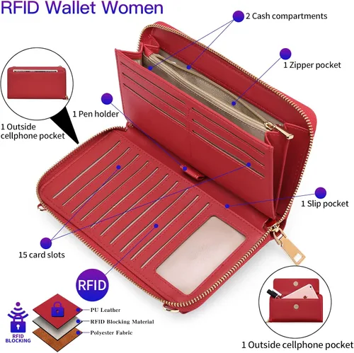 Vista 5 de FALAN MULE RFID Womens Wallet Purse Wristlet PU Leather Crossbody Clutch with 2 Straps