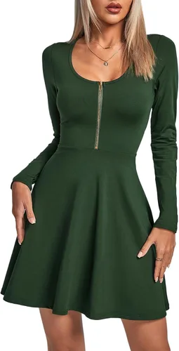Vista 5 de Umenlele Vestido corto de manga larga con cuello redondo para mujer, estilo casual, fluido, con vuelo, corto