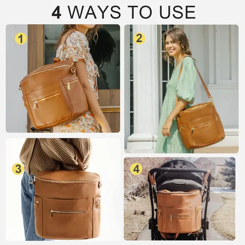 Vista 4 de miss fong Mochila para pañales de bebé, bolsa de pañales de cuero, bolsa de pañales con cambiador, correas para cochecito y 2 bolsillos aislados