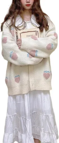 Vista 4 de Cárdigan de estilo japonés para mujer, suelto, dulce, lindo suéter de punto de fresa
