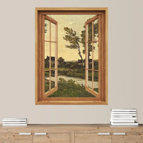 Vista 20 de SIGNWIN Adhesivo mural removible para pared, atardecer cielo naranja, otoño, bosque, árbol, paisaje, naturaleza, arte fino, rústico, paisaje