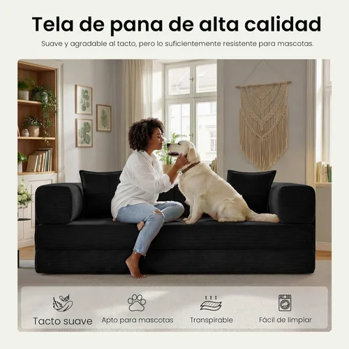 Vista 6 de Sofá cama tipo futón convertible de 78.8 pulgadas, sofá deshuesado Negro