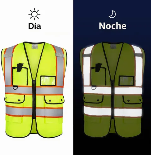 Vista 3 de Chaleco Reflectante Clase 2 de Seguridad ANSI con Bolsillos y Cremallera de Alta Visibilidad Uniforme de Construcción D-amarillo-1pack-personalizado