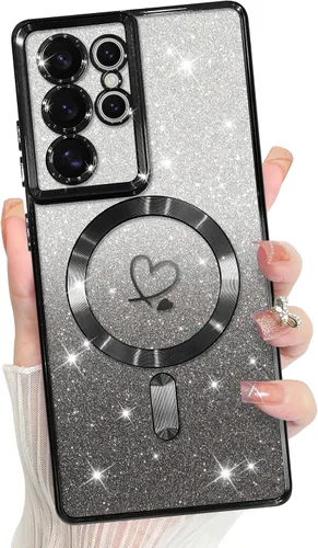 Vista 303 de Bonoma - Funda compatible con Samsung Galaxy S21 Plus, diseño de corazón con purpurina, color rosa Support for MagSafe, Plating Magnetic Case TPU