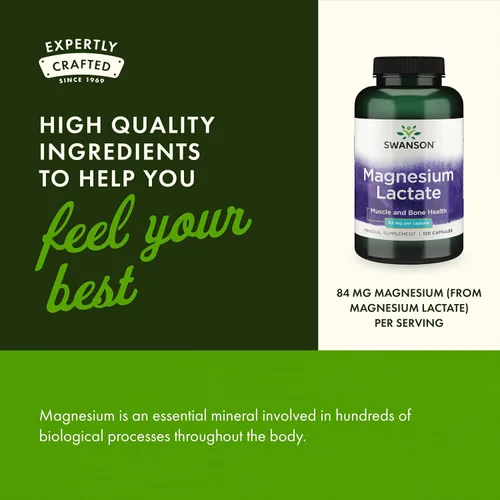 Vista 4 de Swanson Lactato de magnesio, suplemento mineral sin lactosa para apoyo a la salud muscular y ósea* - Suave con el estómago - Sin OMG y sin gluten