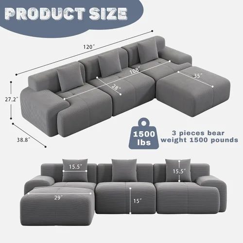 Vista 2 de Sofá Seccional Modular Cloud de 120", Sofá Sin Estructura, Sofás Tapizados en Forma de L con Asiento Profundo, Sofás de Pana Modernos y Acogedores