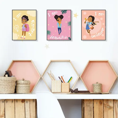 Vista 5 de Outus 9 piezas de decoración de pared de niña negra para habitación de niñas, cita inspiradora, arte de pared afroamericano, decoración de pared