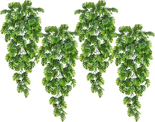 Vista 16 de RECUTMS 20LED Luces de Cadena de Hojas de Monstera, Hojas Artificiales de Palmera de Ratán Tropical, Enredadera Verde Colgante para Pared