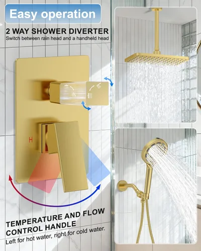Vista 7 de 11" Brushed Gold Rainfall Shower System – Complete Spa Faucet Set with Filtered Handheld Sprayer & Mixer Valve – Modern High Pressure Bathroom