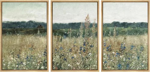 Vista 35 de SIGNWIN Lienzo enmarcado para pared, juego de arte de campos pastorales, flores silvestres, campo rústico, paisaje, floral, ilustraciones modernas
