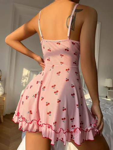 Vista 2 de SHENHE Camisón sin mangas con estampado de cereza para mujer, con ribete de encaje, dobladillo con volantes