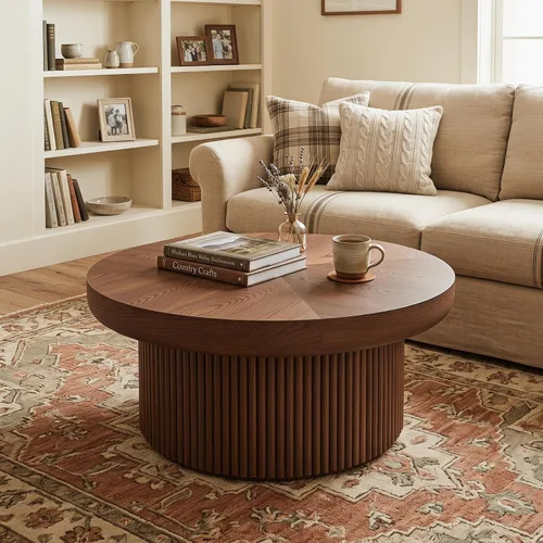 Vista 16 de Mesa de centro redonda de madera de 31.49 pulgadas con almacenamiento, mesa de centro circular acanalada de 2 niveles con tapa y estante para sala